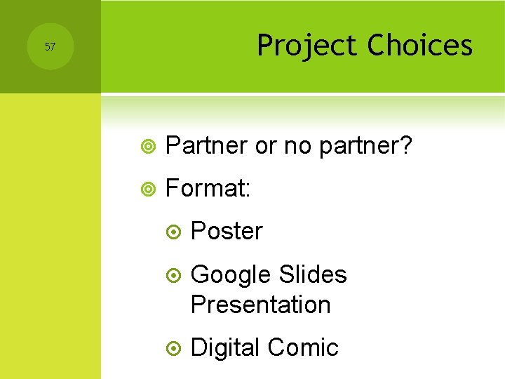 Project Choices 57 ¥ Partner or no partner? ¥ Format: ¤ Poster ¤ Google