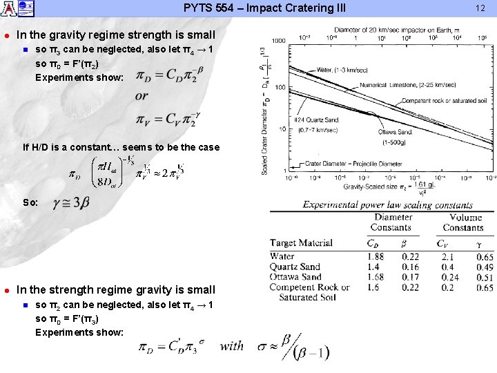 PYTS 554 – Impact Cratering III l In the gravity regime strength is small