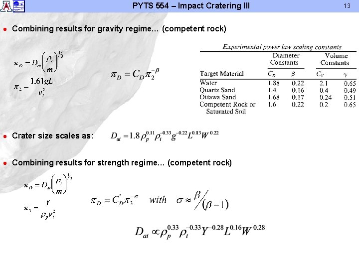 PYTS 554 – Impact Cratering III l Combining results for gravity regime… (competent rock)