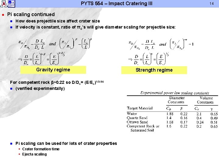 PYTS 554 – Impact Cratering III l Pi scaling continued n n How does