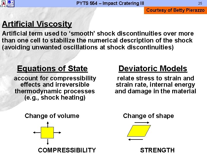 PYTS 554 – Impact Cratering III 25 Courtesy of Betty Pierazzo Artificial Viscosity Artificial