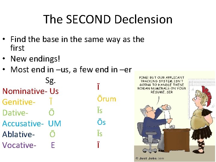 The SECOND Declension • Find the base in the same way as the first