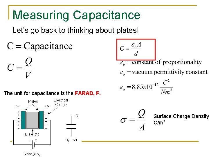 Measuring Capacitance Let’s go back to thinking about plates! The unit for capacitance is