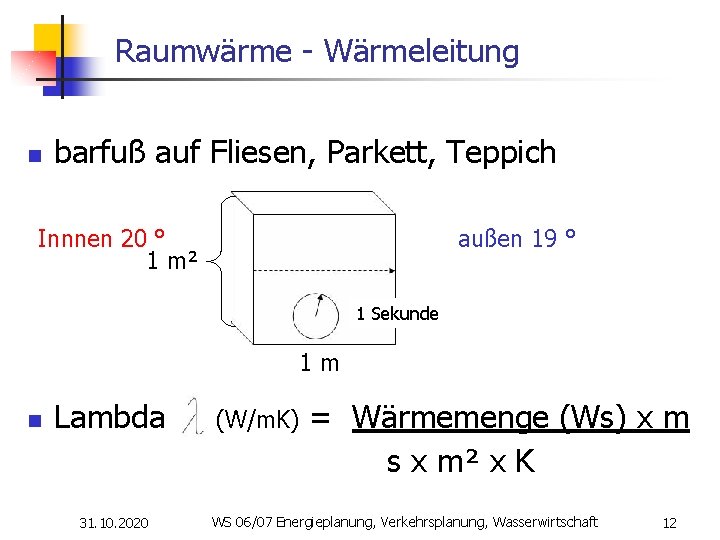 Raumwärme - Wärmeleitung n barfuß auf Fliesen, Parkett, Teppich Innnen 20 ° außen 19