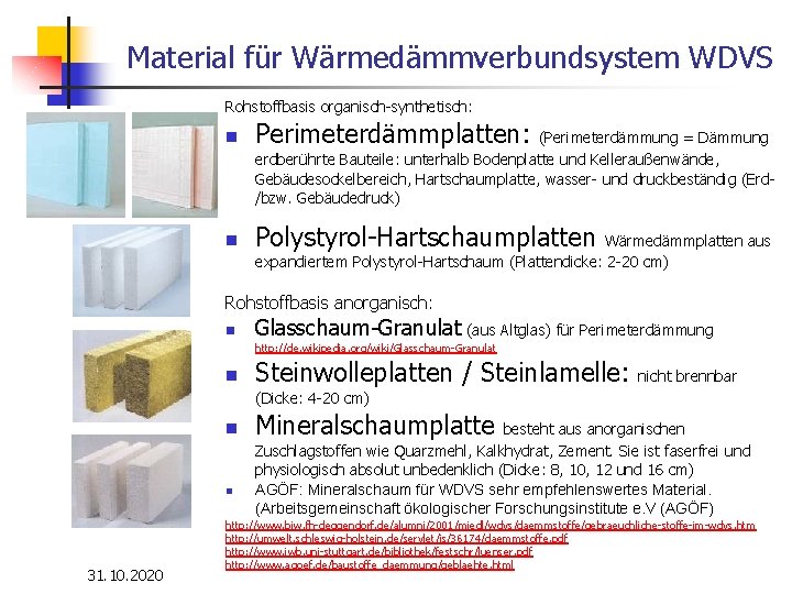 Material für Wärmedämmverbundsystem WDVS Rohstoffbasis organisch-synthetisch: n Perimeterdämmplatten: (Perimeterdämmung = Dämmung erdberührte Bauteile: unterhalb