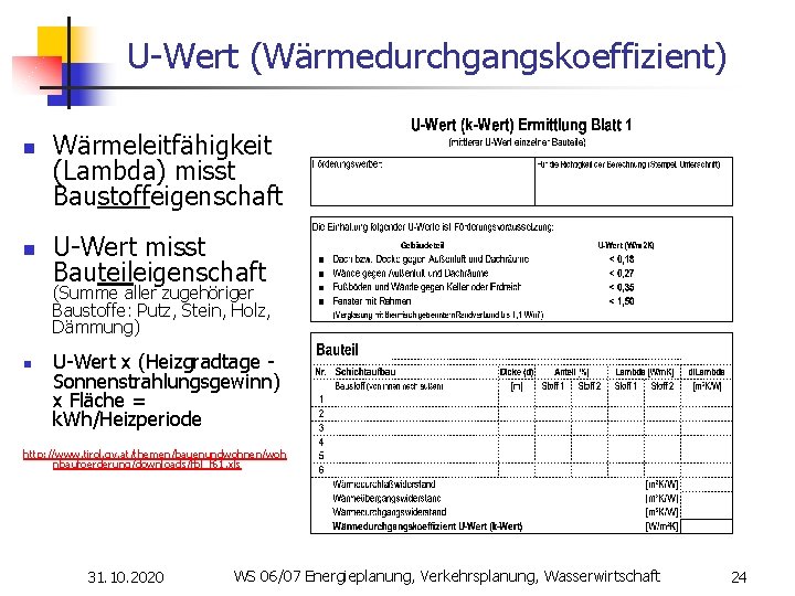 U-Wert (Wärmedurchgangskoeffizient) n n Wärmeleitfähigkeit (Lambda) misst Baustoffeigenschaft U-Wert misst Bauteileigenschaft (Summe aller zugehöriger