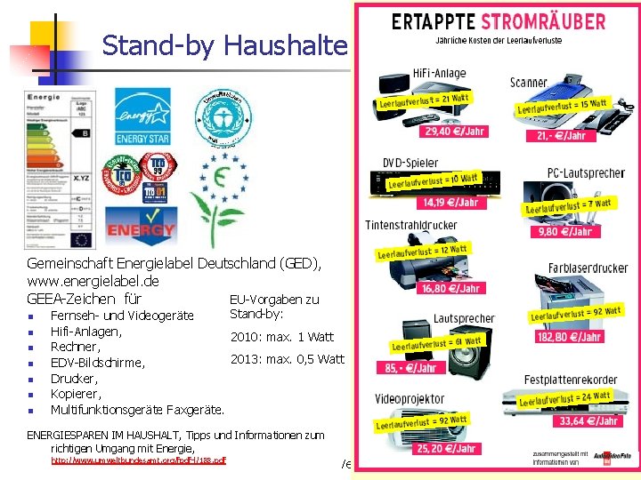 Stand-by Haushalte Gemeinschaft Energielabel Deutschland (GED), www. energielabel. de EU-Vorgaben zu GEEA-Zeichen für n