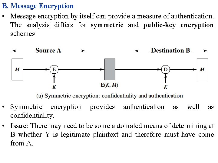 B. Message Encryption • Message encryption by itself can provide a measure of authentication.