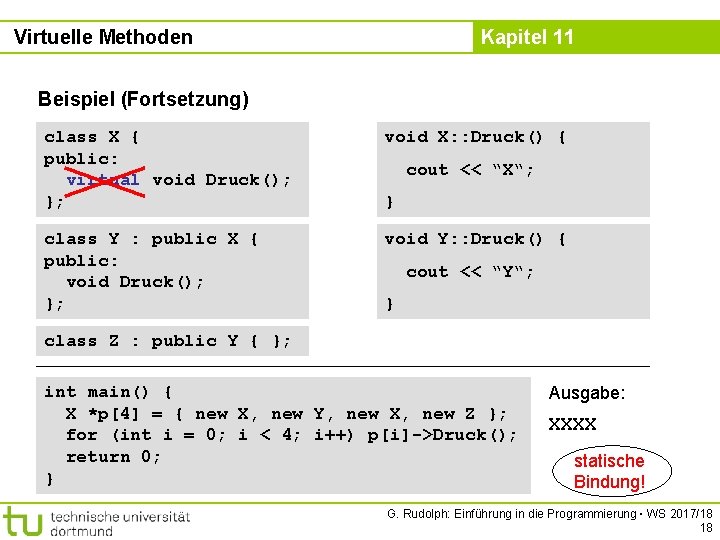 Virtuelle Methoden Kapitel 11 Beispiel (Fortsetzung) class X { public: virtual void Druck(); };