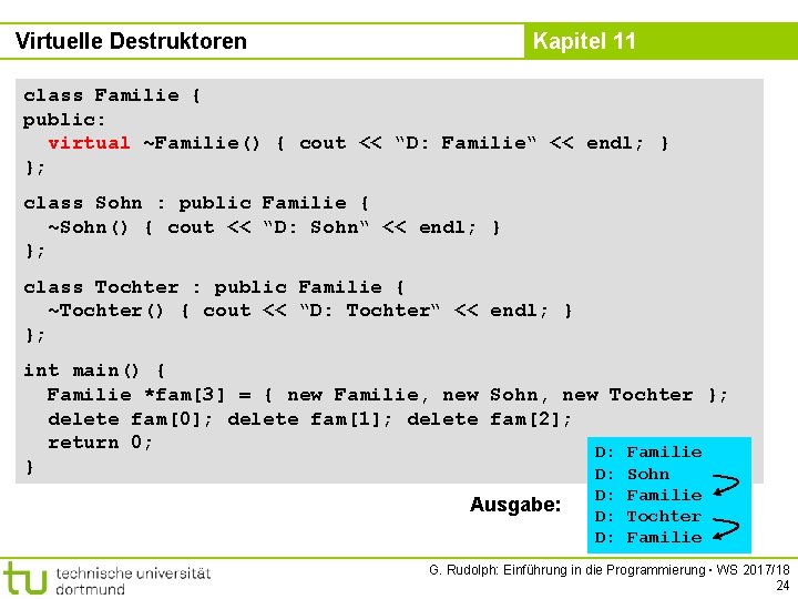 Virtuelle Destruktoren Kapitel 11 class Familie { public: virtual ~Familie() { cout << “D: