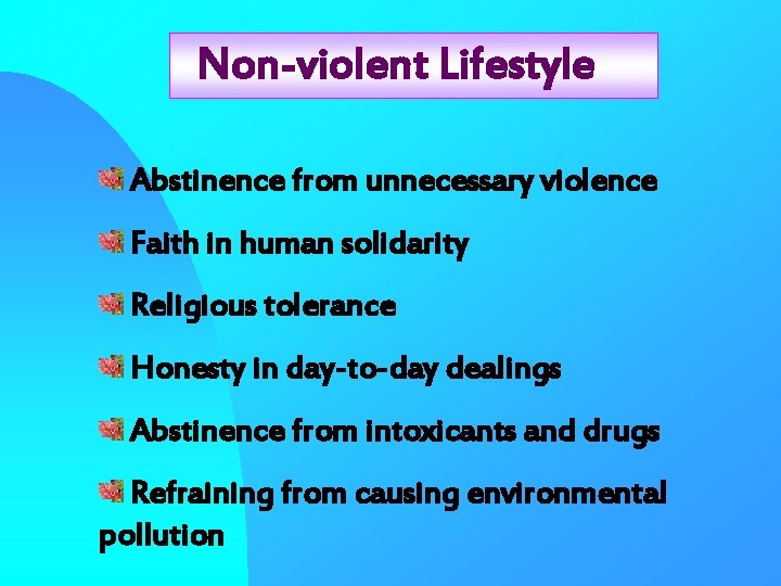 Non-violent Lifestyle Abstinence from unnecessary violence Faith in human solidarity Religious tolerance Honesty in