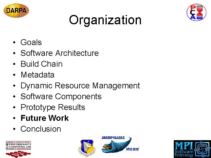 Organization • • • Goals Software Architecture Build Chain Metadata Dynamic Resource Management Software