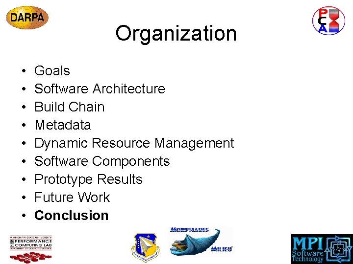 Organization • • • Goals Software Architecture Build Chain Metadata Dynamic Resource Management Software