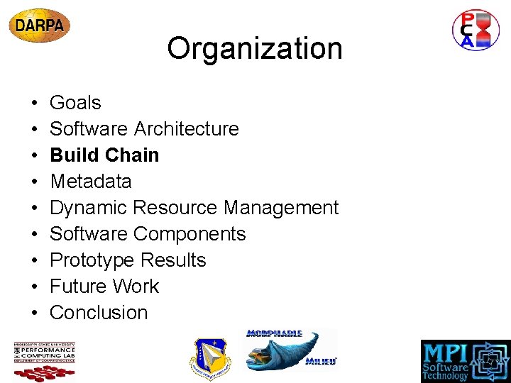 Organization • • • Goals Software Architecture Build Chain Metadata Dynamic Resource Management Software