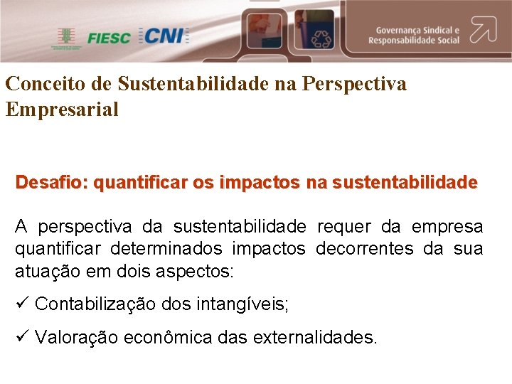 Conceito de Sustentabilidade na Perspectiva Empresarial Desafio: quantificar os impactos na sustentabilidade A perspectiva