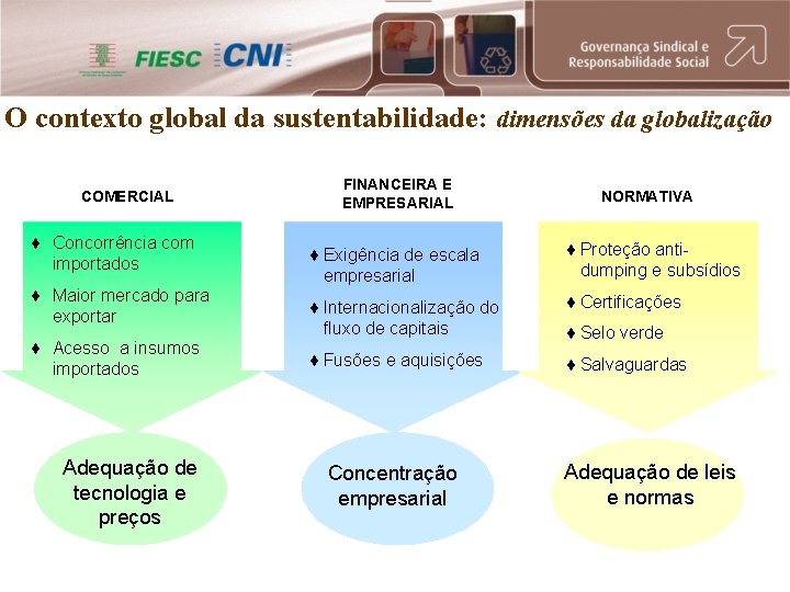 O contexto global da sustentabilidade: dimensões da globalização COMERCIAL ¨ Concorrência com importados ¨