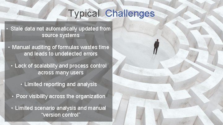 Typical Challenges • Stale data not automatically updated from source systems • Manual auditing