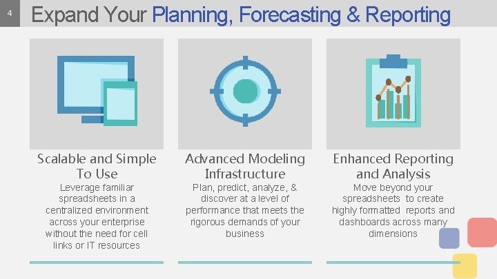 4 Expand Your Planning, Forecasting & Reporting Scalable and Simple To Use Advanced Modeling 4 Expand Your Planning, Forecasting & Reporting Scalable and Simple To Use Advanced Modeling
