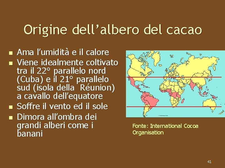 Origine dell’albero del cacao n n Ama l’umidità e il calore Viene idealmente coltivato