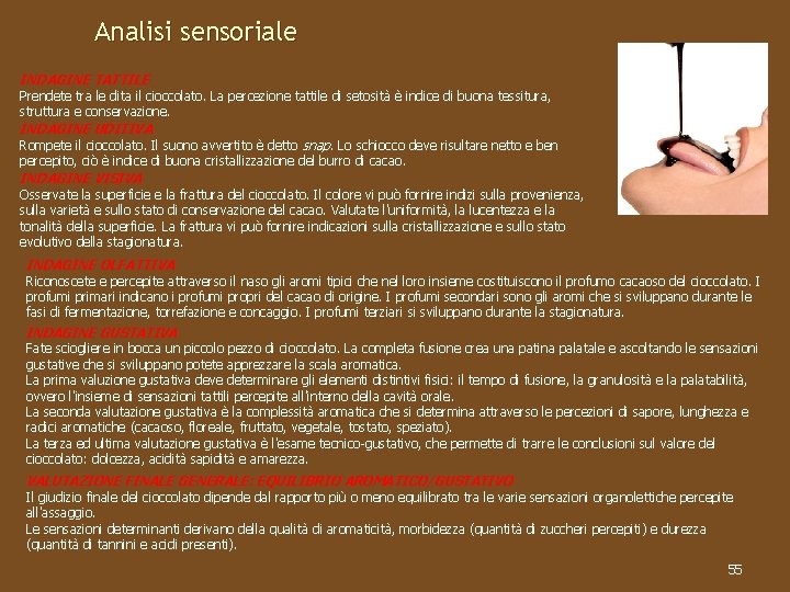 Analisi sensoriale INDAGINE TATTILE Prendete tra le dita il cioccolato. La percezione tattile di