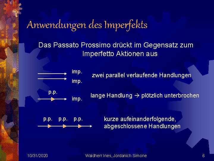 Anwendungen des Imperfekts Das Passato Prossimo drückt im Gegensatz zum Imperfetto Aktionen aus imp.