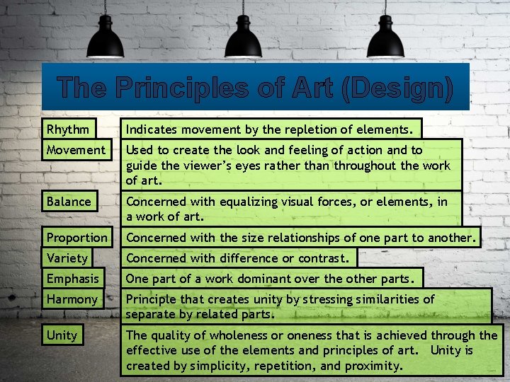 The Principles of Art (Design) Rhythm Indicates movement by the repletion of elements. Movement