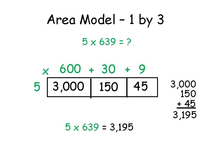 Area Model – 1 by 3 5 x 639 = ? x 600 +