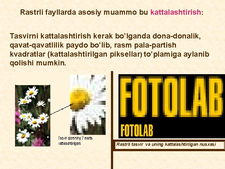 Rastrli fayllarda asosiy muammo bu kattalashtirish: Tasvirni kattalashtirish kerak bo’lganda dona-donalik, qavat-qavatlilik paydo bo’lib, Rastrli fayllarda asosiy muammo bu kattalashtirish: Tasvirni kattalashtirish kerak bo’lganda dona-donalik, qavat-qavatlilik paydo bo’lib,