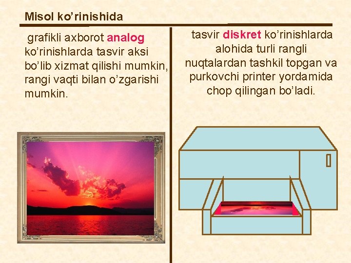 Misol ko’rinishida tasvir diskret ko’rinishlarda grafikli axborot analog alohida turli rangli ko’rinishlarda tasvir aksi Misol ko’rinishida tasvir diskret ko’rinishlarda grafikli axborot analog alohida turli rangli ko’rinishlarda tasvir aksi
