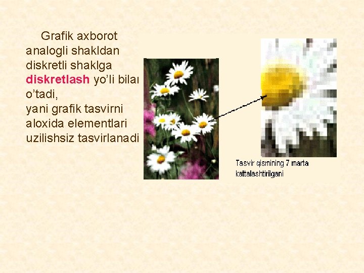 Grafik axborot analogli shakldan diskretli shaklga diskretlash yo’li bilan o’tadi, yani grafik tasvirni Grafik axborot analogli shakldan diskretli shaklga diskretlash yo’li bilan o’tadi, yani grafik tasvirni