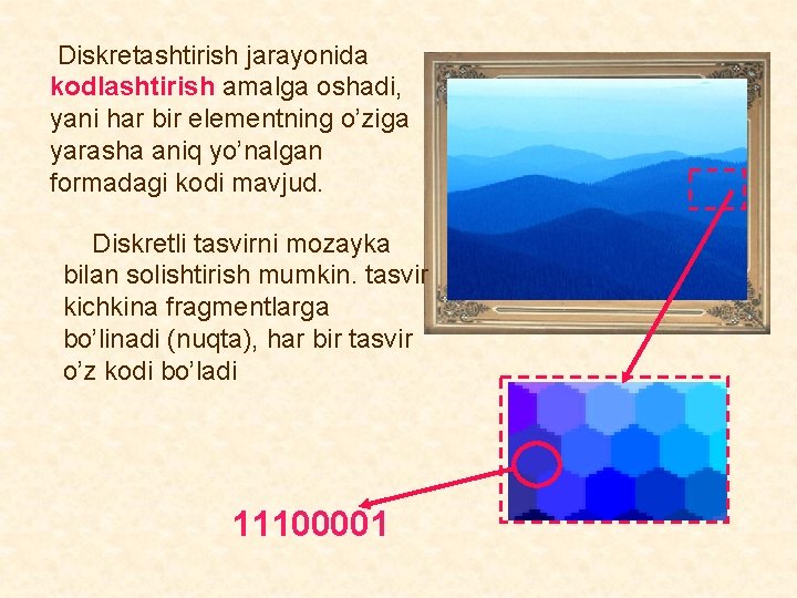  Diskretashtirish jarayonida kodlashtirish amalga oshadi, yani har bir elementning o’ziga yarasha aniq yo’nalgan