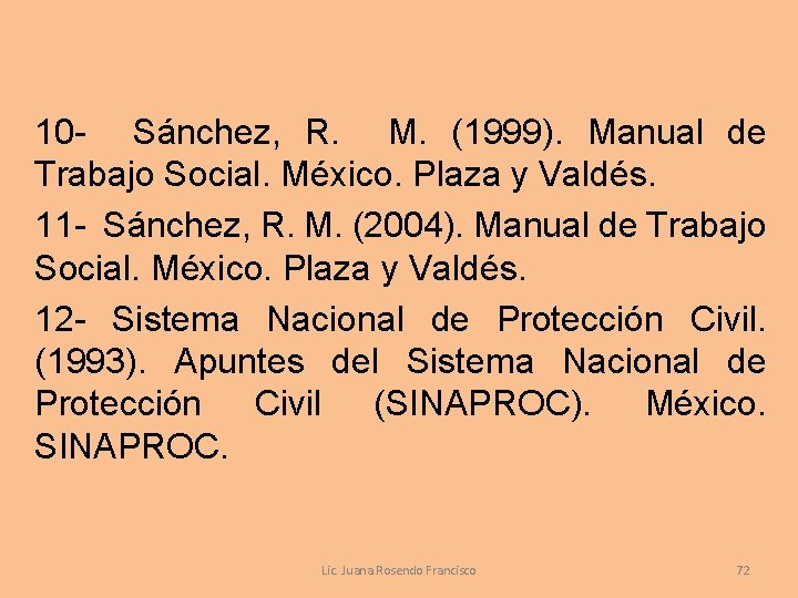 10 - Sánchez, R. M. (1999). Manual de Trabajo Social. México. Plaza y Valdés.