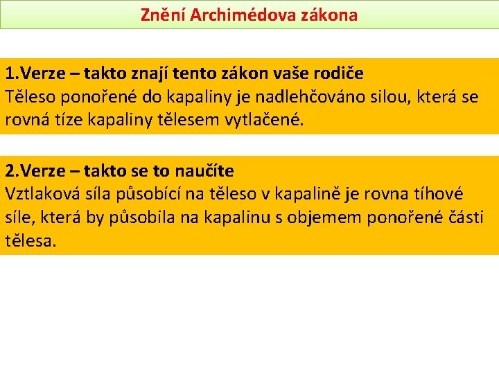 Znění Archimédova zákona 1. Verze – takto znají tento zákon vaše rodiče Těleso ponořené