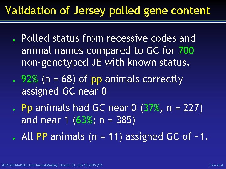 Validation of Jersey polled gene content ● ● Polled status from recessive codes and