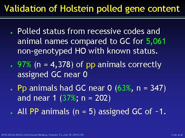 Validation of Holstein polled gene content ● ● Polled status from recessive codes and