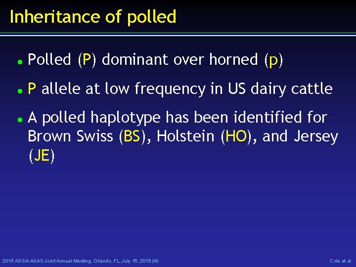 Inheritance of polled Polled (P) dominant over horned (p) P allele at low frequency