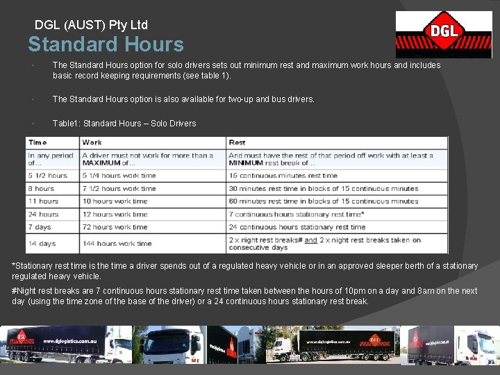 DGL (AUST) Pty Ltd Standard Hours The Standard Hours option for solo drivers sets