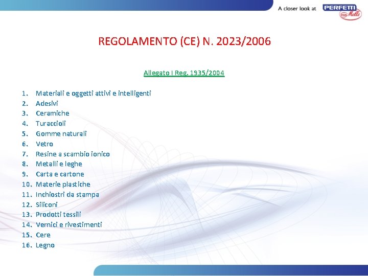 REGOLAMENTO (CE) N. 2023/2006 Allegato I Reg. 1935/2004 1. 2. 3. 4. 5. 6.