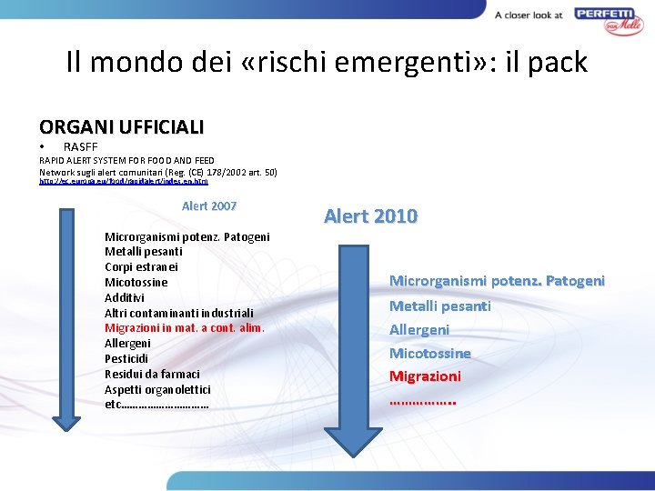 Il mondo dei «rischi emergenti» : il pack ORGANI UFFICIALI • RASFF RAPID ALERT