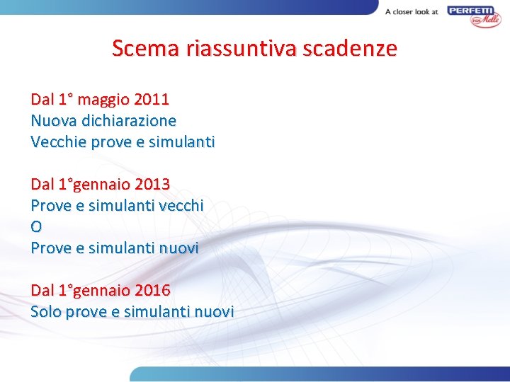 Scema riassuntiva scadenze Dal 1° maggio 2011 Nuova dichiarazione Vecchie prove e simulanti Dal