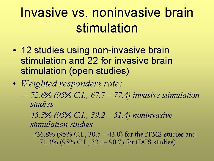 Invasive vs. noninvasive brain stimulation • 12 studies using non-invasive brain stimulation and 22 Invasive vs. noninvasive brain stimulation • 12 studies using non-invasive brain stimulation and 22