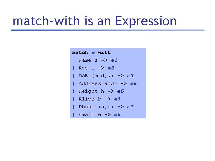 match-with is an Expression match e with Name s -> e 1 | Age