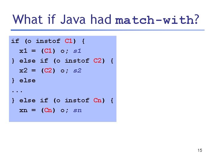 What if Java had match-with? if (o instof C 1) { x 1 =