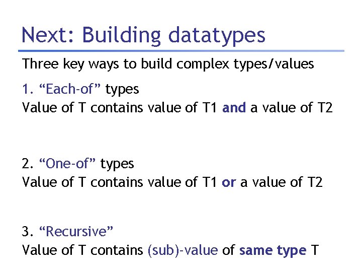 Next: Building datatypes Three key ways to build complex types/values 1. “Each-of” types Value