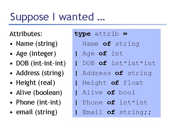 Suppose I wanted … Attributes: • Name (string) • Age (integer) • DOB (int-int)