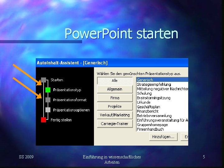Power. Point starten SS 2009 Einführung in wissenschaftliches Arbeiten 5 