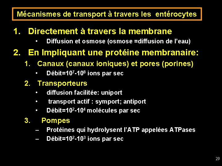Mécanismes de transport à travers les entérocytes 1. Directement à travers la membrane •