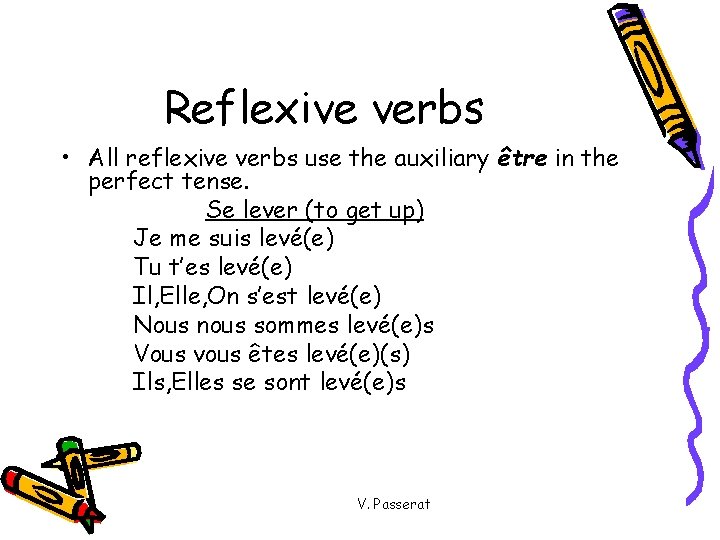 Reflexive verbs • All reflexive verbs use the auxiliary être in the perfect tense.