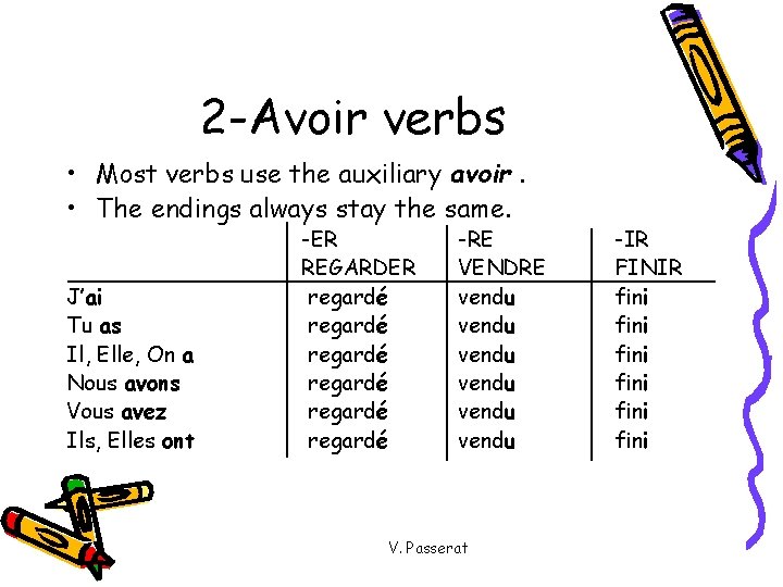 2 -Avoir verbs • Most verbs use the auxiliary avoir. • The endings always
