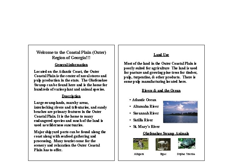 Welcome to the Coastal Plain (Outer) Region of Georgia!!! General information Located on the